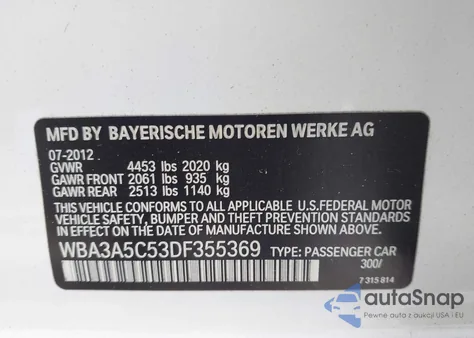 2013 BMW 328I из США, поврежденный, VIN WBA3A5C53DF355369